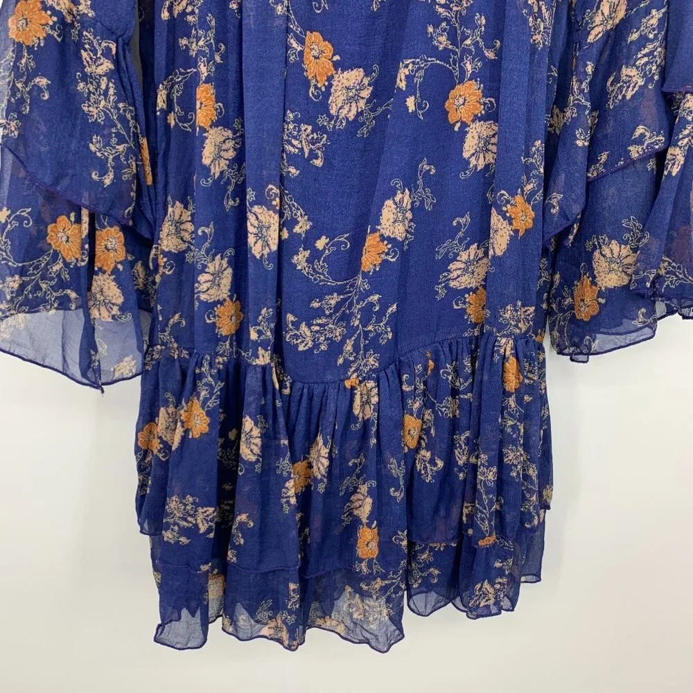 Free People Dress Sunsetter Mini Blue Floral Tiered Ruffle Bell Sleeve
